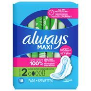 Always Maxi Daytime Pads with Wings, Size 2, Super, 18 Count - 18 Pads