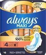 Always Maxi Overnight Pads with Wings, Size 4, Overnight, Unscented, 16 Count - 16 Pads