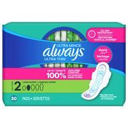 Always Ultra Thin Daytime Pads with Wings, Size 2, Regular, Unscented, 20 Count - 20 Pads