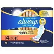 Always Ultra Thin Overnight Pads with Wings, Size 4, Overnight, Unscented, 16 Count - 16 Pads