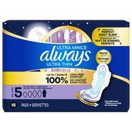 Always Ultra Thin Overnight Pads with Wings, Size 5, Extra Heavy Overnight, Unscented, 15 Count - 15 Pads