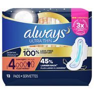 Always Ultra Thin Pads Unscented Size 4 Overnight with Wings, 13 Count - 13 Pads