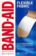 Band Aid Bandages. Adhesive, Flexible Fabric, Extra Large, All One Size - 10 Bandages