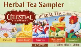 Celestial Seasonings Herbal Tea Sampler, 5 Flavors, Caffeine Free, Bags - 18 Tea Bags