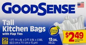 GoodSense Tall Kitchen Bags, with Flap Ties, Lemon Scent, 13 Gallon - 25 Bags