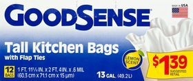 GoodSense Tall Kitchen Bags, with Flap Ties, Lemon Scent, 13 Gallon - 12 Bags