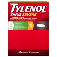 Tylenol Sinus Severe Non-Drowsy Daytime Caplets, 50 Packs of 2 ct - 50 x 2 Caplet Pouches
